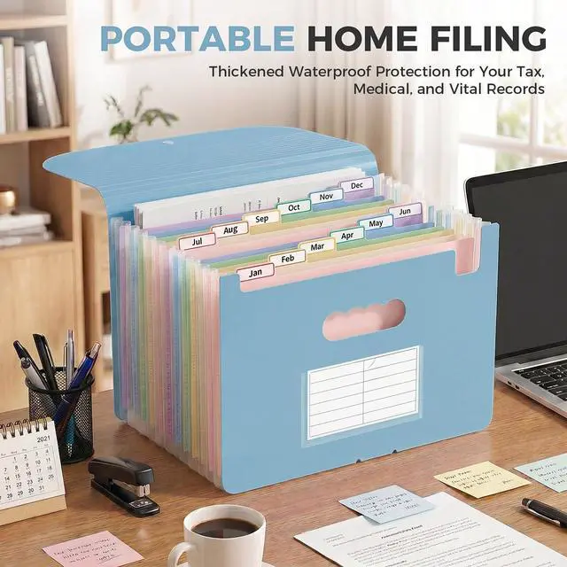 Alt view image 6 of 7 - Expanding File Folder with 13 Pockets, Accordion Document Organizer with Monthly Labels, A4 & Letter Size for Tax Records, Medical Files, Receipts, Home of Haze Blue