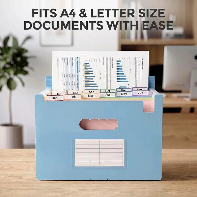 Alt view image 7 of 7 - Expanding File Folder with 13 Pockets, Accordion Document Organizer with Monthly Labels, A4 & Letter Size for Tax Records, Medical Files, Receipts, Home of Haze Blue