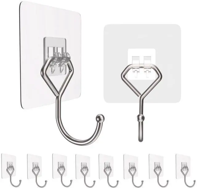 Main image of Large Adhesive Hooks 44Ib(Max), Wall Hooks Self-Adhesive Traceless Clear and Removable, Waterproof and Rustproof Hooks for Hanging for Home Bathroom Kitchen Office and Outdoor, 10-Pack