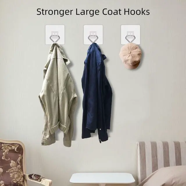 Alt view image 2 of 7 - Large Adhesive Hooks 44Ib(Max), Wall Hooks Self-Adhesive Traceless Clear and Removable, Waterproof and Rustproof Hooks for Hanging for Home Bathroom Kitchen Office and Outdoor, 10-Pack