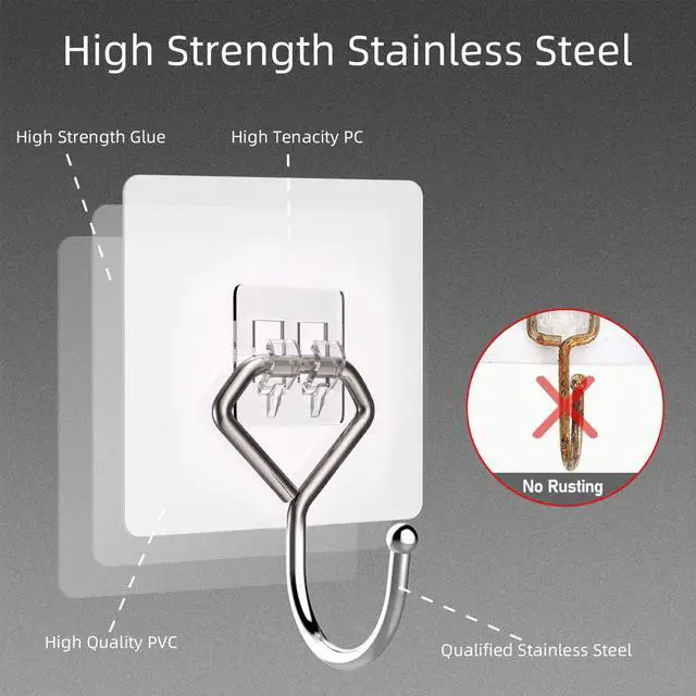 Alt view image 4 of 7 - Large Adhesive Hooks 44Ib(Max), Wall Hooks Self-Adhesive Traceless Clear and Removable, Waterproof and Rustproof Hooks for Hanging for Home Bathroom Kitchen Office and Outdoor, 10-Pack
