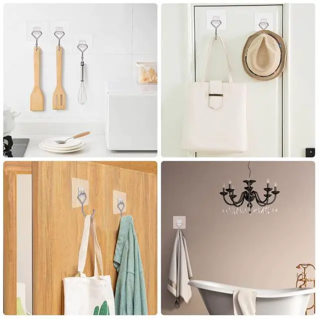 Alt view image 6 of 7 - Large Adhesive Hooks 44Ib(Max), Wall Hooks Self-Adhesive Traceless Clear and Removable, Waterproof and Rustproof Hooks for Hanging for Home Bathroom Kitchen Office and Outdoor, 10-Pack