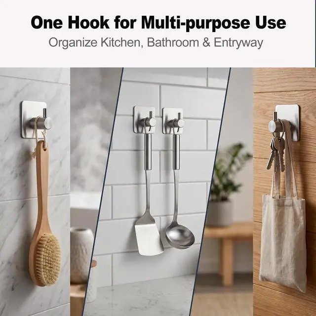 Alt view image 5 of 7 - Adhesive Towel Hooks 15lbs Heavy Duty Wall Hooks Waterproof Stainless Steel Hanger for Hanging Coat, Hat, Towel Robe Hook Rack Wall Mount- Bathroom and Bedroom 4-Packs