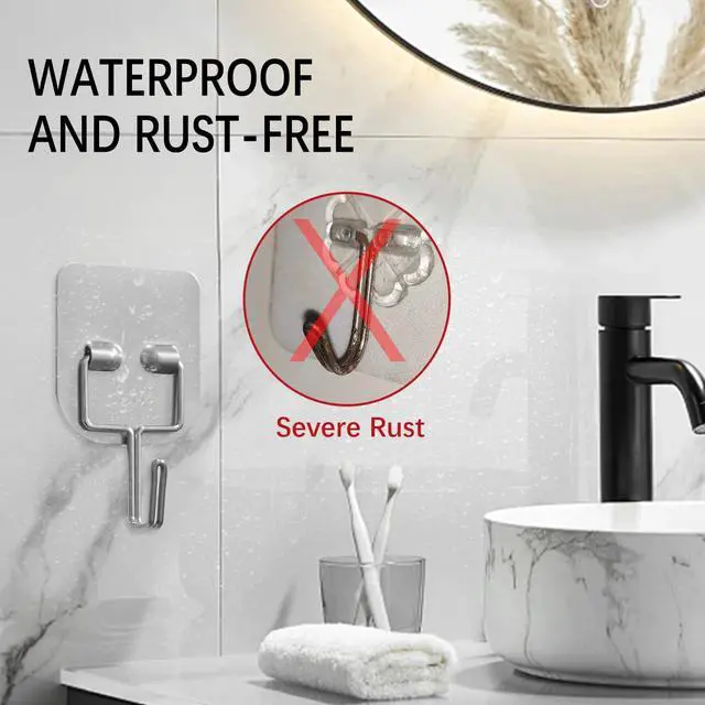Alt view image 4 of 6 - Metal Heavy Duty Self-Adhesive Wall Hooks Waterproof Stainless Steel Hooks for Hanging Towels/Coats/Keys Strong Adhesive, Rust-Resistant 5 Pack for Bathroom/Kitchen/Outdoor
