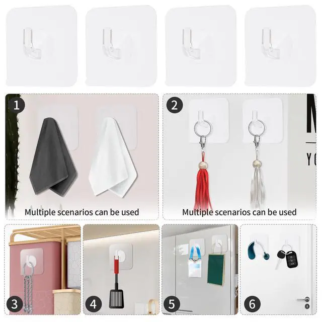 Alt view image 6 of 7 - 12 Pack Self-Adhesive Small Wall Hooks Clear Square Plastic Strong Shower Pothook Heavy Duty Waterproof for Kitchen Bathroom Office Door Window Hanging Hat Towel Picture