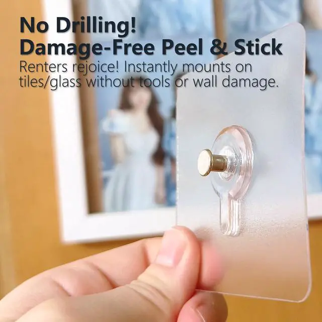 Alt view image 4 of 7 - 20 Pcs Heavy Duty Adhesive Picture Hooks 33 lbs Load No-Nail Wall Hangers, Waterproof Transparent Sticky Hooks for Frame, Mirror, Bathroom, Kitchen, Home Decor (2.2 x 2.2 inch)