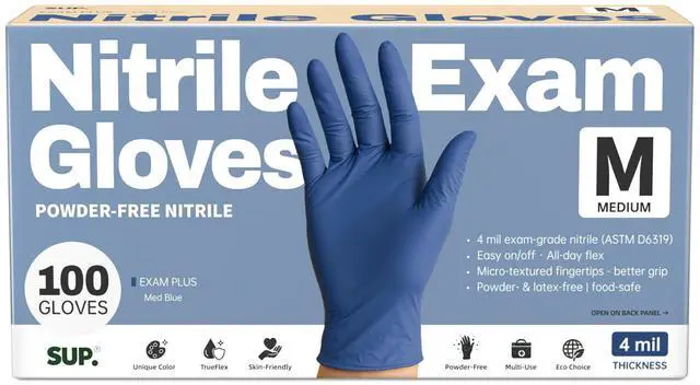 Main image of Powder-Free Nitrile Exam Gloves, 100 Count, Food Safe Latex-Free Medical Non-Sterile Cooking Disposable Glove, Blue (Medium)