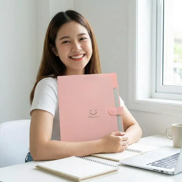 Alt view image 5 of 6 - Smile face Expanding File Folder, 5 Pockets Plastic Document Organizer, A4 Letter Size Accordion Folder with Snap Closure, Portable Durable Paper Organizer for Home Office School (Pink)
