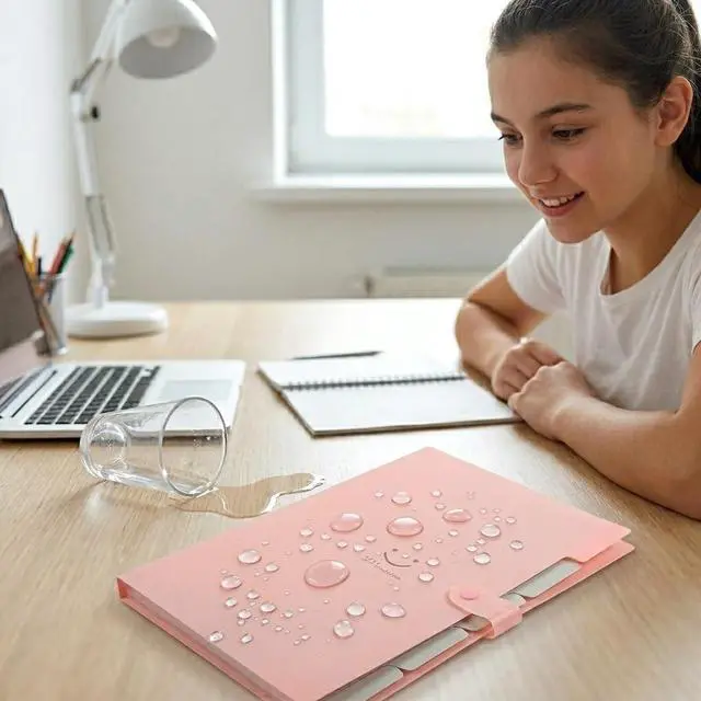 Alt view image 6 of 6 - Smile face Expanding File Folder, 5 Pockets Plastic Document Organizer, A4 Letter Size Accordion Folder with Snap Closure, Portable Durable Paper Organizer for Home Office School (Pink)