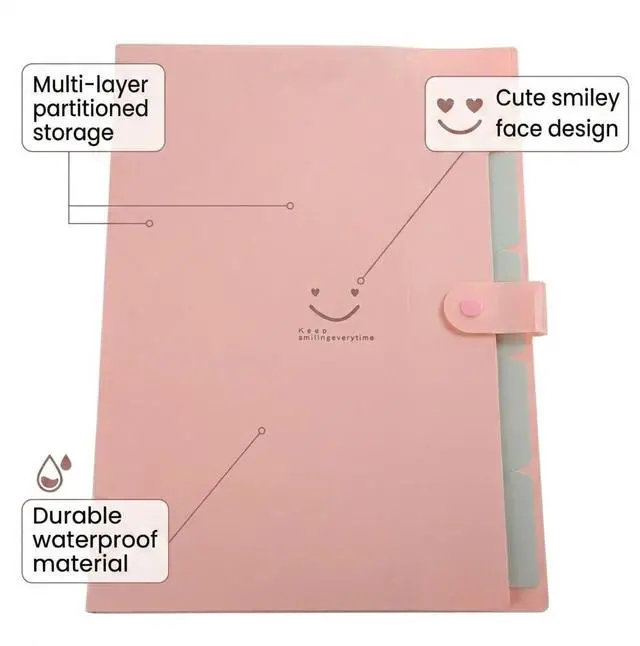 Alt view image 3 of 6 - Smile face Expanding File Folder, 5 Pockets Plastic Document Organizer, A4 Letter Size Accordion Folder with Snap Closure, Portable Durable Paper Organizer for Home Office School (Pink)