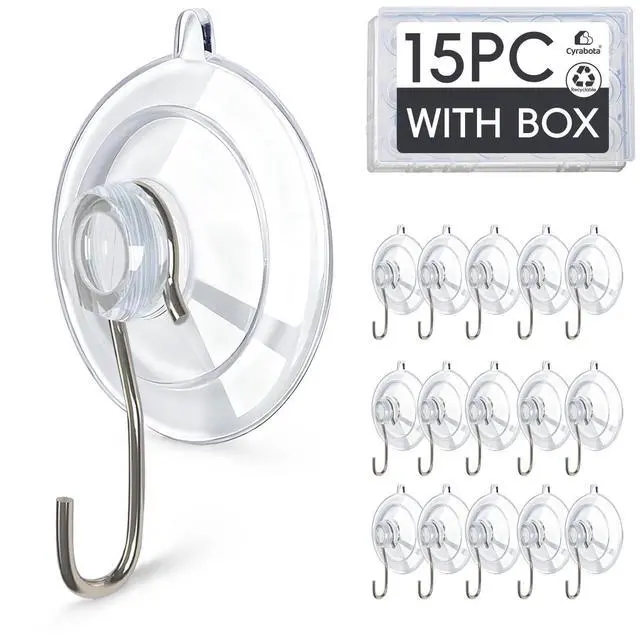 Main image of Clear Suction Cup Hooks 15 Pack, 1.77 Inch Heavy Duty Wall Hooks with Strong 10 lb Hold, No-Drill Removable & Waterproof Hooks for Glass Window Decor Shower Bathroom Tile Kitchen (15)
