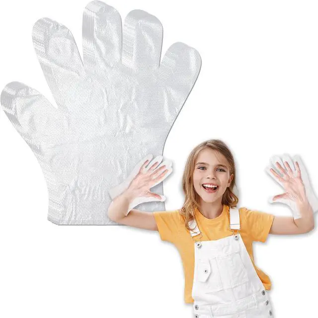 Main image of Kids Disposable Gloves - 100 Pcs Small Plastic PE Clear Durable Work for Cleaning Cooking Garden Craft, for 3-12 Years