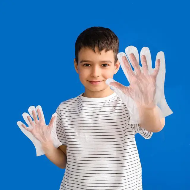 Alt view image 6 of 6 - Kids Disposable Gloves - 100 Pcs Small Plastic PE Clear Durable Work for Cleaning Cooking Garden Craft, for 3-12 Years