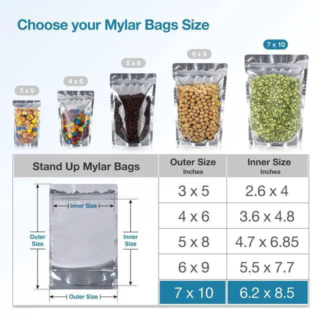 Alt view image 2 of 6 - BELLE KR® 7x10 Quart Mylar Bags for Food Storage - Pack Of 100-7.5mil Thick - Gusseted Bottom - Clear Mylar Bags with See Through Window for Freeze Drying food - Labels Included