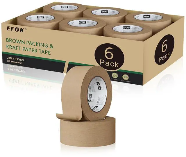 Main image of 6 Rolls Brown Packing Tape 2 Inch Bulk, 2025 Upgrade Kraft Paper Packaging Tape, 2 Inch x 55 Yards, Cardboard Shipping for Packing Boxes, Tear by Hand for Express Parcels & Office Use