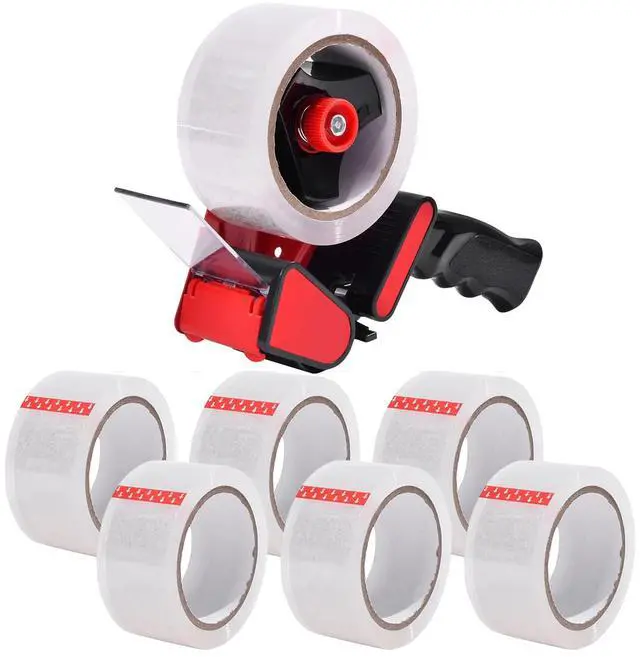 Main image of Heavy Duty Tape Gun and Dispenser with 6 Clear Packaging Tapes. Clear Packaging Tape 44mm X 66m with Metal Tape Gun Dispenser for Moving Boxes,Warehouse Or General Packing Needs