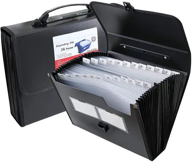 Main image of Expanding Accordion File Folder with Labels, 26 Pocket Document Organizer, Letter A4 Size, 1 Pack (Black)