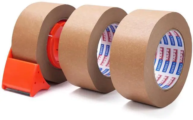 Main image of Kraft Paper Tape with Dispenser, 2 in x 55 yds x 3 Rolls Eco Friendly Brown Packing Tape, Strong Adhesive, Easy Cut Tape Dispenser for Shipping, Moving & Packaging