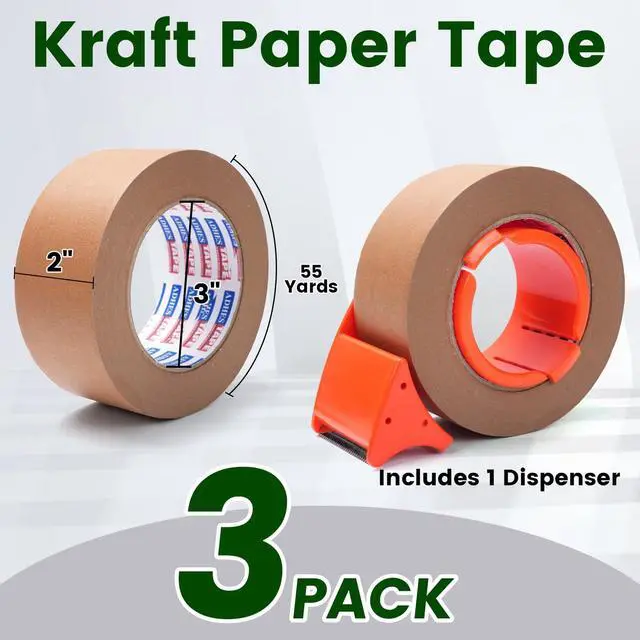 Alt view image 2 of 7 - Kraft Paper Tape with Dispenser, 2 in x 55 yds x 3 Rolls Eco Friendly Brown Packing Tape, Strong Adhesive, Easy Cut Tape Dispenser for Shipping, Moving & Packaging