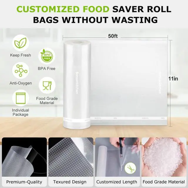 Alt view image 3 of 7 - Vacuum Sealer Bags, 11 in x 50 ft Rolls 2 Pack Seal Bags for Food Storage Saver, BPA Free, Commercial Grade Textured Food Roll Bags, Customized Size Bag for Sous Vide Cooking,VB3210