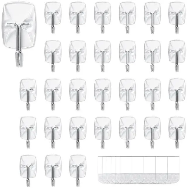 Main image of 30 Small Hooks+40 Removable Strips, Clear Wire Utility Hooks with Adhesive Strips Damage-Free, No Tools Wall Hooks for Hanging Heavy Duty, Value Pack