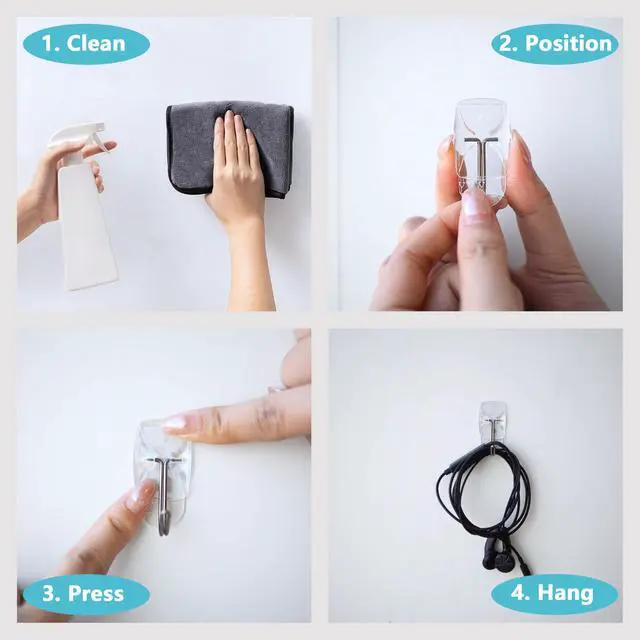 Alt view image 3 of 7 - 30 Small Hooks+40 Removable Strips, Clear Wire Utility Hooks with Adhesive Strips Damage-Free, No Tools Wall Hooks for Hanging Heavy Duty, Value Pack