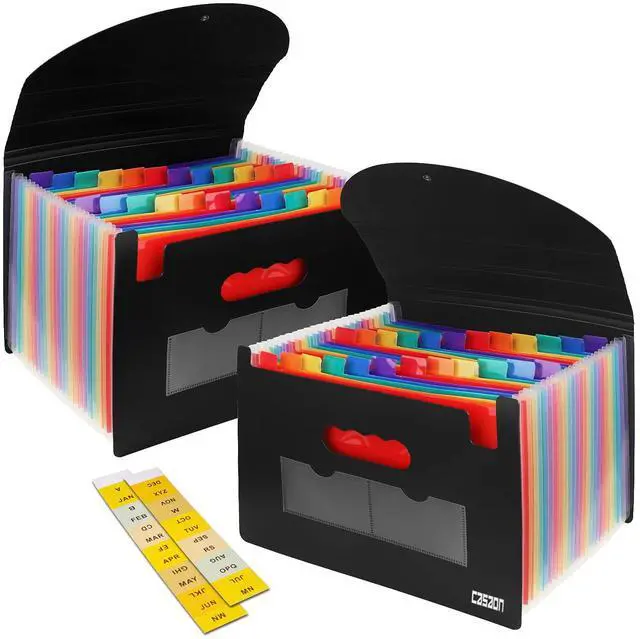 Main image of 2 Pack Accordian File Organizer, Expanding File Folder 24 Pockets with Expandable Cover A4 Letter Size File Box, Portable Document Organizer - Black