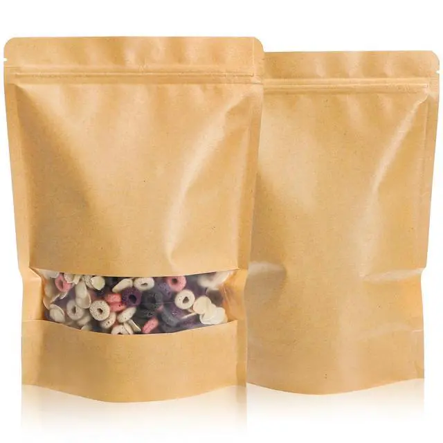 Alt view image 2 of 7 - 100 Count 7 x 10.25 Inch Kraft Paper Bags with Resealable Lock Seal Zipper &Transparent Window, Stand Up Food Bags