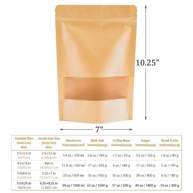 Alt view image 4 of 7 - 100 Count 7 x 10.25 Inch Kraft Paper Bags with Resealable Lock Seal Zipper &Transparent Window, Stand Up Food Bags