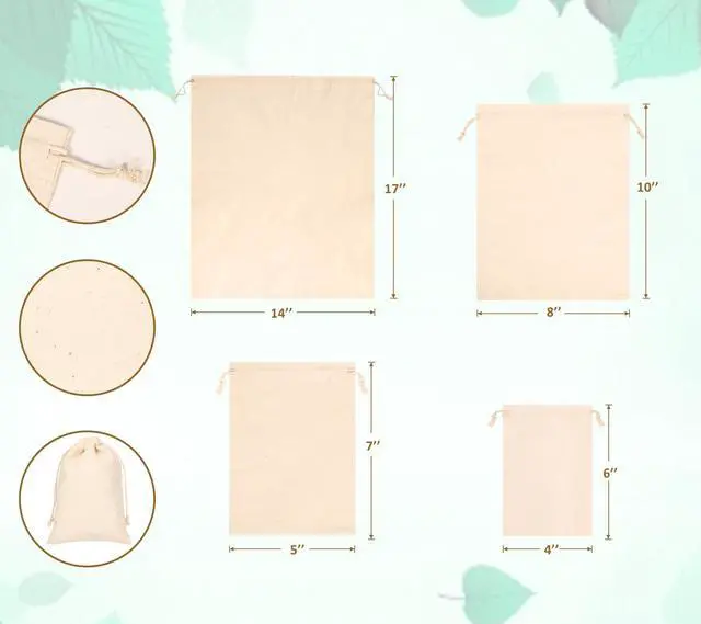 Alt view image 2 of 7 - 10PCS Cotton Storage Bags with Drawstrings, X-Large 14x17inch Multipurpose Canvas Fabric Bread Bags, Reusable Muslin Bulk Flour Sack Bags, Natural Potato Onion Storage Bags, Cloth Shoe Bags