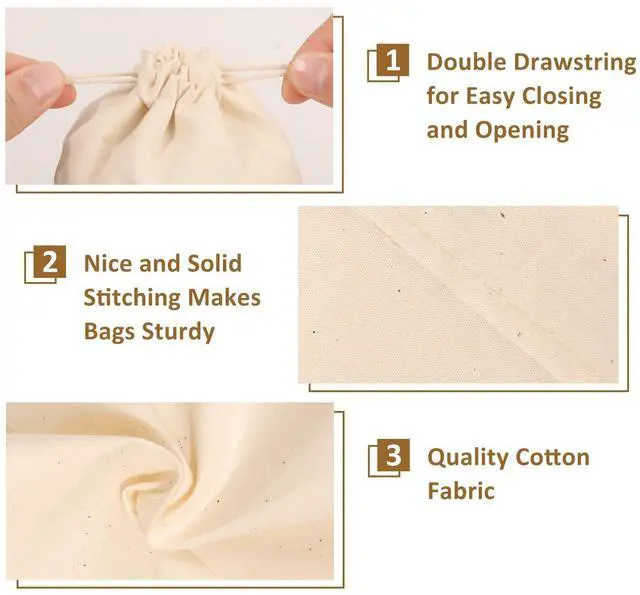 Alt view image 3 of 7 - 10PCS Cotton Storage Bags with Drawstrings, X-Large 14x17inch Multipurpose Canvas Fabric Bread Bags, Reusable Muslin Bulk Flour Sack Bags, Natural Potato Onion Storage Bags, Cloth Shoe Bags