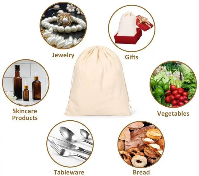Alt view image 5 of 7 - 10PCS Cotton Storage Bags with Drawstrings, X-Large 14x17inch Multipurpose Canvas Fabric Bread Bags, Reusable Muslin Bulk Flour Sack Bags, Natural Potato Onion Storage Bags, Cloth Shoe Bags