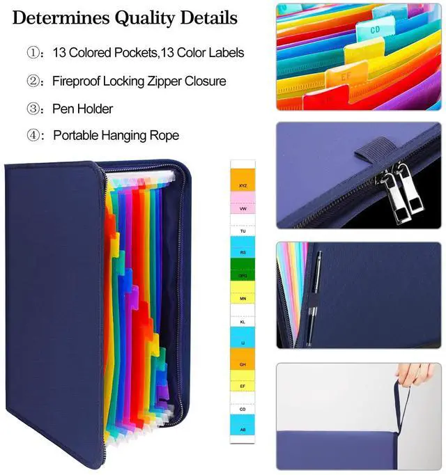 Alt view image 2 of 7 - 13 Pocket Expanding File Folder,Fireproof Accordion File Folder Document Organizer with Zipper Closure,Portable Filing Organizer Safe with Colorful Tabs for A4/Letter Size Paper,Files(Blue)