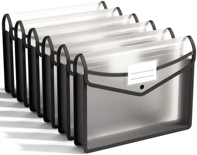 Main image of 6-Pack Plastic Expanding File Folders, Folders for Documents with Snap Closure, Large Capacity Document Envelopes, Fits Letter/A4 Size Paper - Black