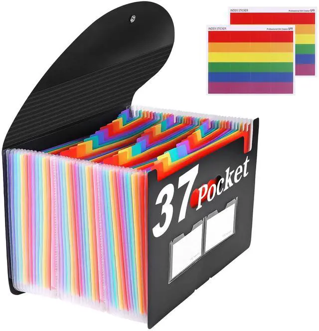 Main image of 37-Pocket Expanding File Folder with Labels, A4/Letter Size Accordion Document Organizer, Portable Black Folder for Office, Travel, Business, School & Home