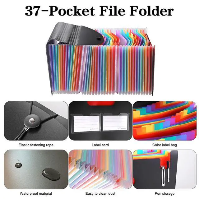Alt view image 2 of 7 - 37-Pocket Expanding File Folder with Labels, A4/Letter Size Accordion Document Organizer, Portable Black Folder for Office, Travel, Business, School & Home