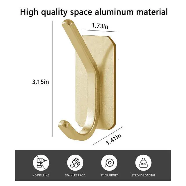 Alt view image 2 of 7 - Heavy Duty Adhesive Wall Hooks, 30 lb Max Load Waterproof Hooks for Bathroom Towels Coats Bags, No Drill Damage-Free for Renters Apartment Dorm, Matte Gold, 4 Pack