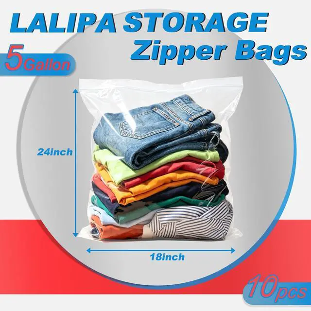 Alt view image 2 of 6 - 5 Gallon Large Zip Storage Bags 18x24 Inch Clear Plastic Bags Heavy Duty Reusable Zip Seal Lock Jumbo Poly Bags for Food,Travel,Moving,Clothes Thick 5Mil 10 Pack