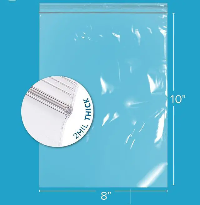 Alt view image 2 of 5 - 8" x 10", 1/2 Gallon Zip Bags, Pack of 100, Clear Plastic Reclosable Zipper Lock Poly Baggies, 2 Mil Thick, With Resealable Zip Top Lock For Food Storage, Clothing, Snacks, Crafts & Packaging.