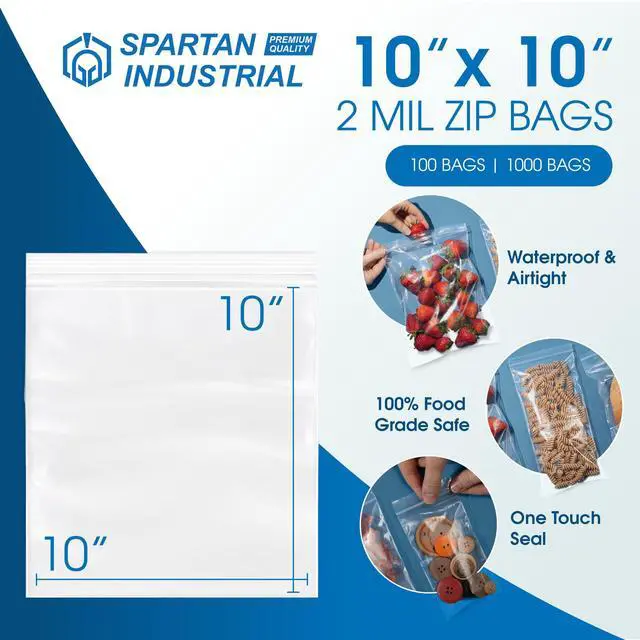 Alt view image 2 of 6 - 10 X 10 (100 Count) 2 Mil Clear Reclosable Zip Plastic Poly Bags with Resealable Lock Seal Zipper