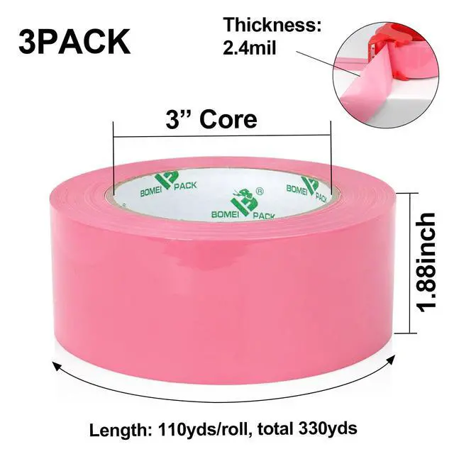 Alt view image 2 of 7 - Pink Packing Tape with Dispenser, 2.4 Mil 1.88 Inch x 110 Yards, 3 Refills Rolls Color Box Tape for Moving, Shipping and Packaging