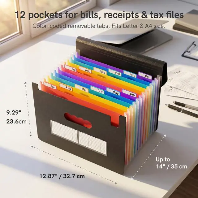 Alt view image 5 of 6 - 12-Pocket Accordion File Organizer, Expandable File Folder with Colorful A-Z Tabs, Portable Bill & Receipt Organizer, Desktop Letter/A4 Document Storage for Home & Office-Black