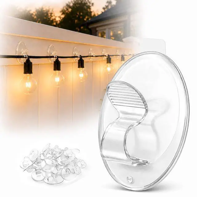 Main image of Hooks Lights Clips Outdoor String - 3X Stronger Adhesion 20Pcs Clear Heavy Duty Hangers Waterproof Adhesive - Sticky Removable 0 Residue No Drill Indoor Garage - for Patio Fence Gutters Wall Christmas