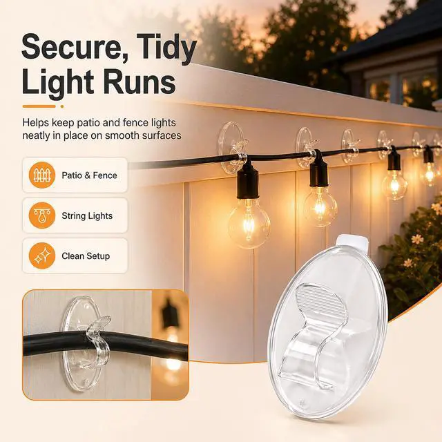 Alt view image 2 of 7 - Hooks Lights Clips Outdoor String - 3X Stronger Adhesion 20Pcs Clear Heavy Duty Hangers Waterproof Adhesive - Sticky Removable 0 Residue No Drill Indoor Garage - for Patio Fence Gutters Wall Christmas