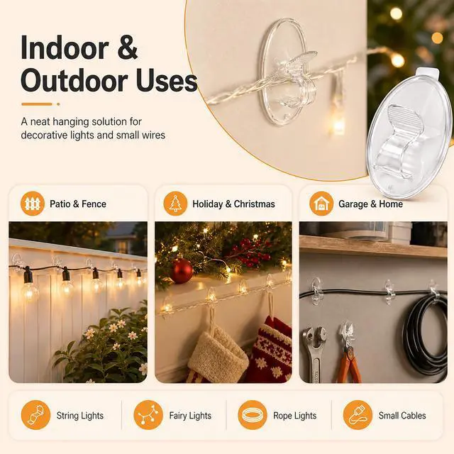 Alt view image 3 of 7 - Hooks Lights Clips Outdoor String - 3X Stronger Adhesion 20Pcs Clear Heavy Duty Hangers Waterproof Adhesive - Sticky Removable 0 Residue No Drill Indoor Garage - for Patio Fence Gutters Wall Christmas