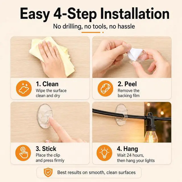 Alt view image 4 of 7 - Hooks Lights Clips Outdoor String - 3X Stronger Adhesion 20Pcs Clear Heavy Duty Hangers Waterproof Adhesive - Sticky Removable 0 Residue No Drill Indoor Garage - for Patio Fence Gutters Wall Christmas