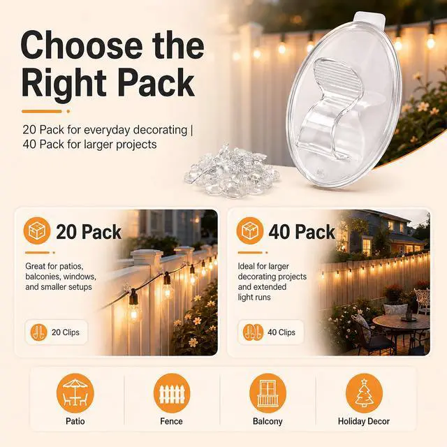 Alt view image 7 of 7 - Hooks Lights Clips Outdoor String - 3X Stronger Adhesion 20Pcs Clear Heavy Duty Hangers Waterproof Adhesive - Sticky Removable 0 Residue No Drill Indoor Garage - for Patio Fence Gutters Wall Christmas