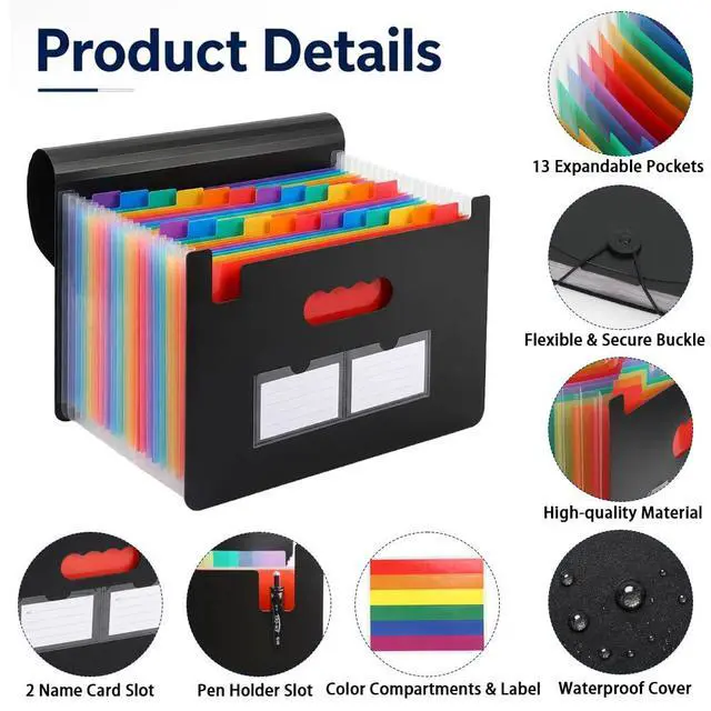 Alt view image 2 of 7 - 13 Pockets Accordion File Organizer, Portable Expanding File Folder with Cover Labels Black Desktop Document Holder Letter A4 Paper Bill Receipt Storage for Student Teacher Office Home School Supplies