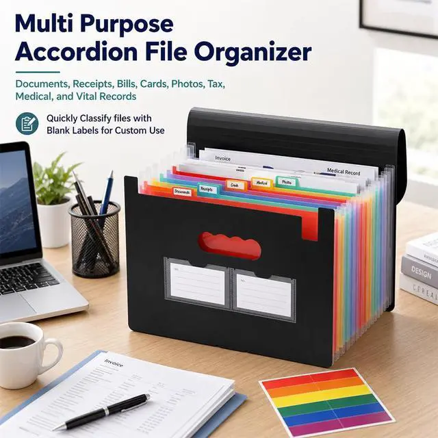 Alt view image 3 of 7 - 13 Pockets Accordion File Organizer, Portable Expanding File Folder with Cover Labels Black Desktop Document Holder Letter A4 Paper Bill Receipt Storage for Student Teacher Office Home School Supplies