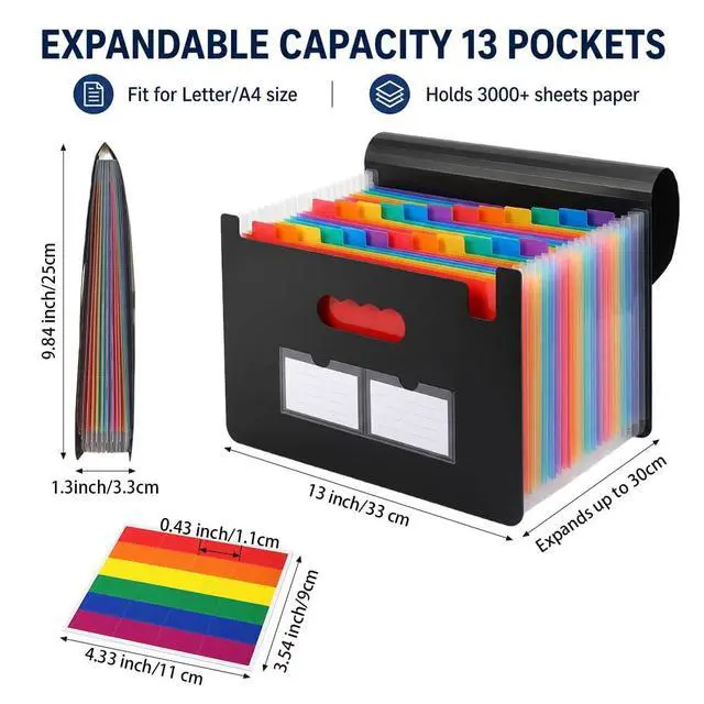 Alt view image 4 of 7 - 13 Pockets Accordion File Organizer, Portable Expanding File Folder with Cover Labels Black Desktop Document Holder Letter A4 Paper Bill Receipt Storage for Student Teacher Office Home School Supplies